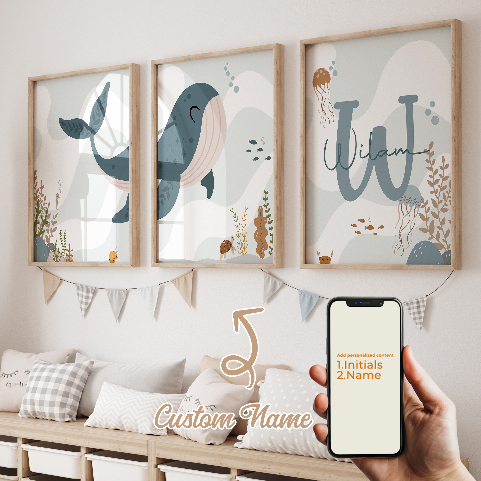 Baby Nursery Wall Decor - 3pcs Personalized Custom Name Cartoon Child