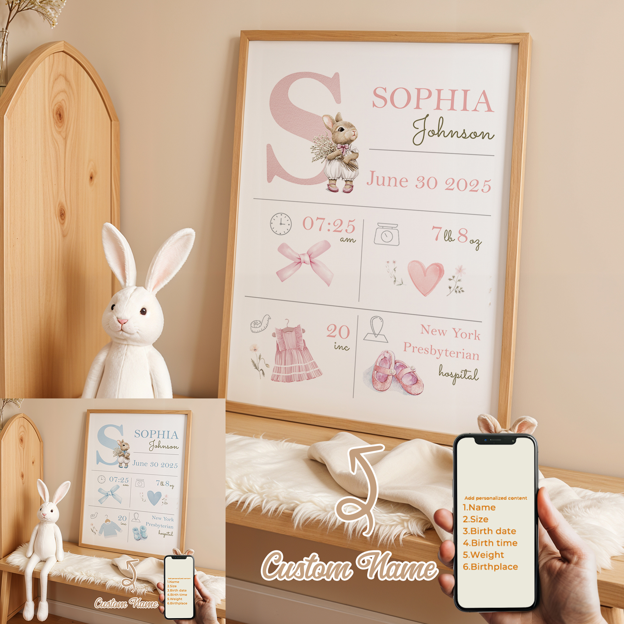 Baby Nursery Wall Decor - Personalized Custom Name Cartoon Child Birth