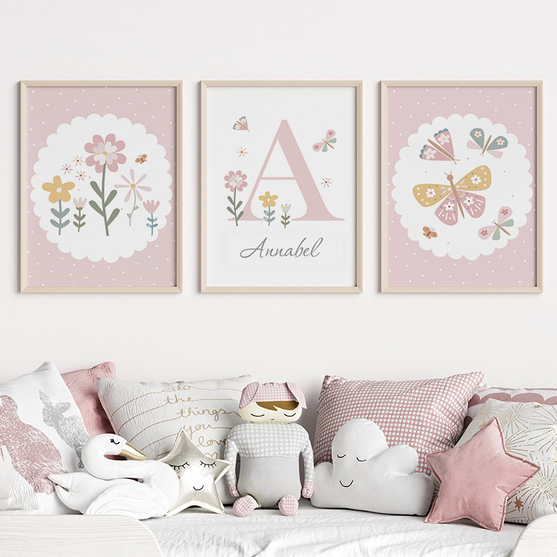 Baby Nursery Pink - Pink Butterfly Flowers Custom Name Nursery