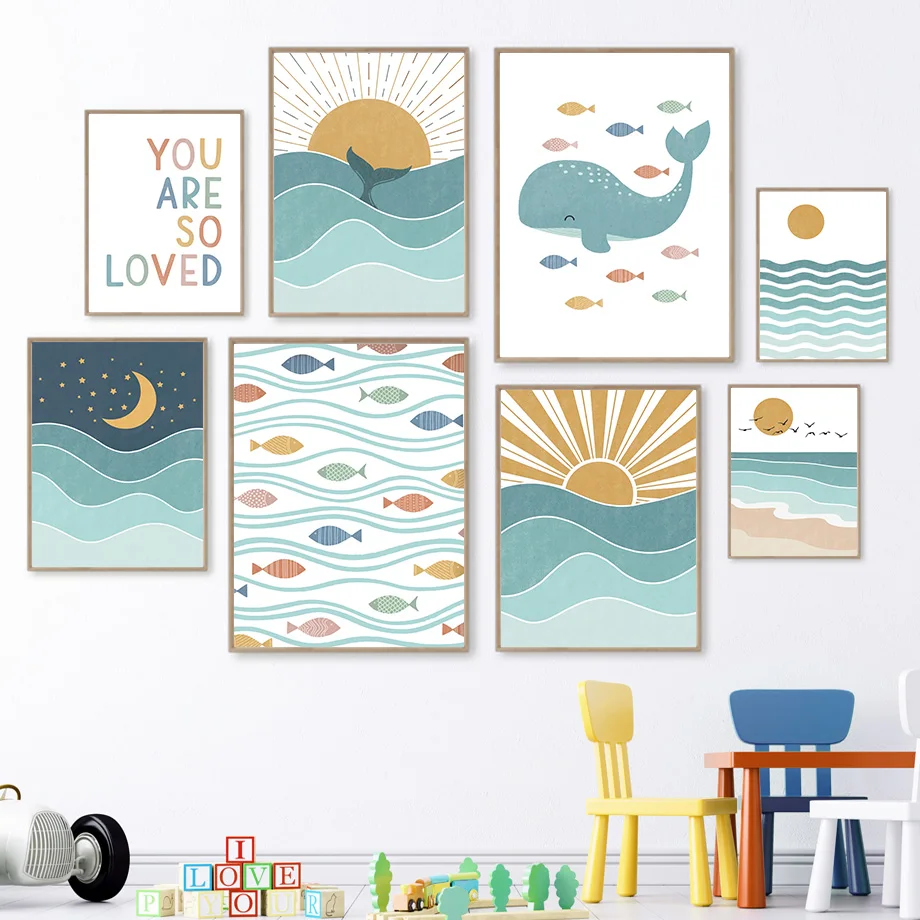 1pc frameless Fish Whale Seagu - Baby Nursery Quotes Wall Art recensione e prezzo